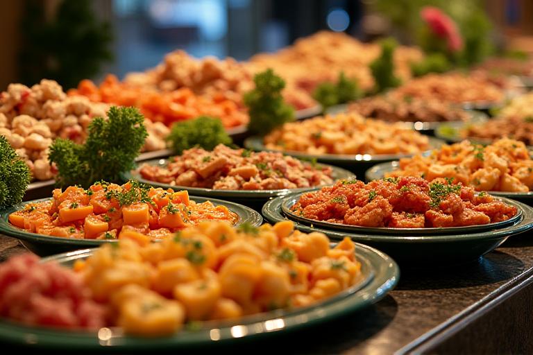 Reichhaltiges und festlich arrangiertes Buffet mit frischen Speisen