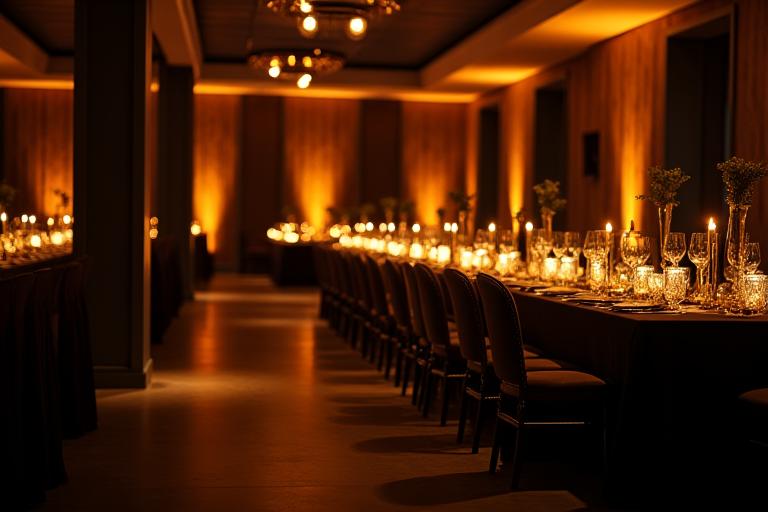 Stimmungsvolles Ambiente bei einem eleganten Firmenevent am Abend mit indirekter Beleuchtung